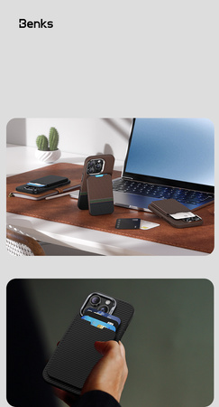 BENKS Portfel MagWallet ArmorGo Prestige Stand MagSafe na plecki telefonu 5 kart Carbon Kevlar