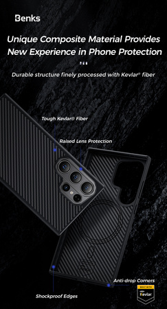 Benks Etui Magnetic Carbon Kevlar Hybrid Armor Pro 600D do Samsung Galaxy S24 Plus czarne – Pancerne Etui Carbon Kevlarowe z Ochroną Premium