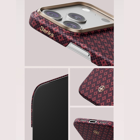 Benks Etui Magnetic Armor Air Armor Grid Kevlar Metal Frame 600D do iPhone 18 Pro / 17 Pro burgundowe – wytrzymałe etui z włóknem Kevlar® i pełną ochroną MagSafe